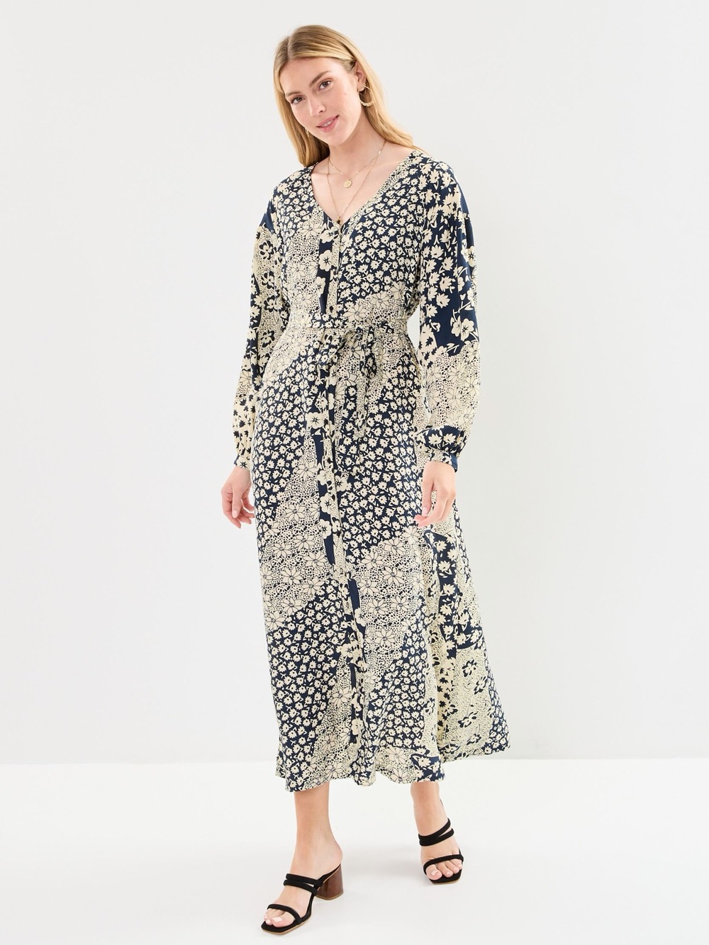 Maison Hotel Navy and Cream Floral Patchwork Maxi Dress Boho Oversized Lagen